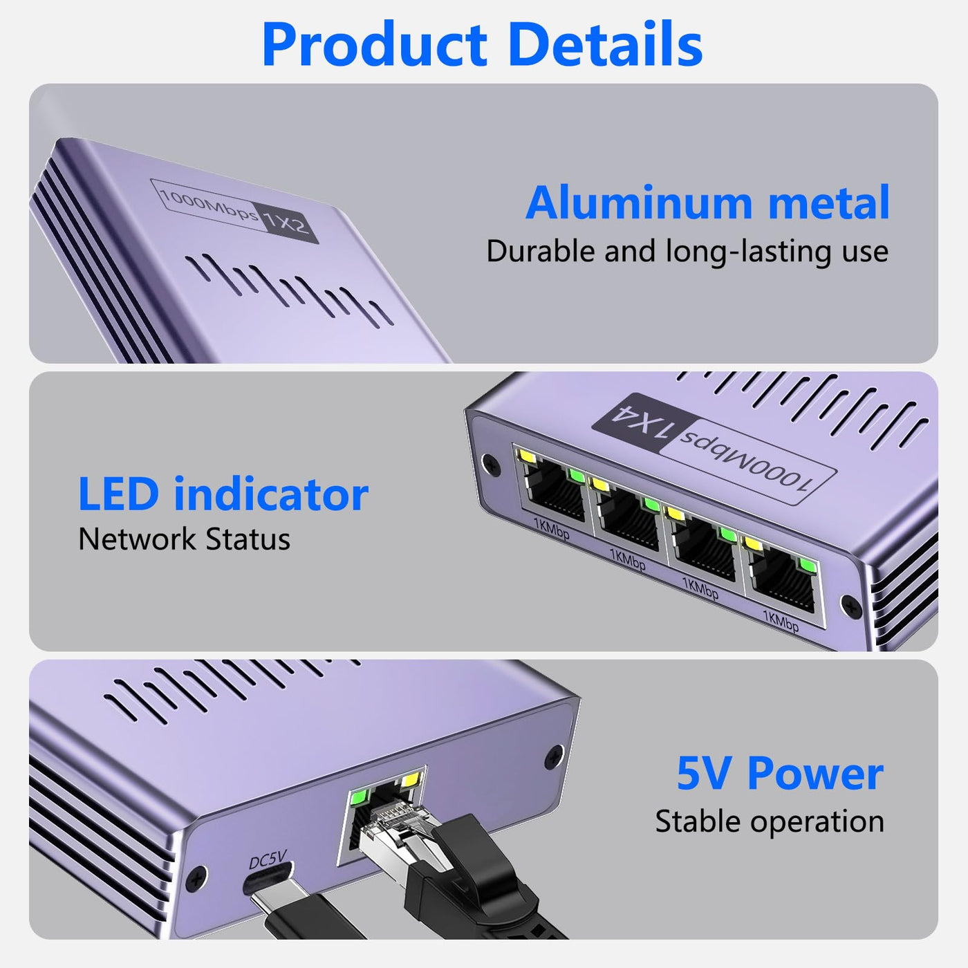 LAN Splitter 1 auf 4, LAN Verteiler 1 auf 4 Gigabit Netzwerk Splitter 1000 Mbps LAN Switch 4 Port Ethernet Splitter 1 auf 4 für Computer, Hub, Switch, Router, ADSL, Digital TV, Gleichzeitig Arbeiten