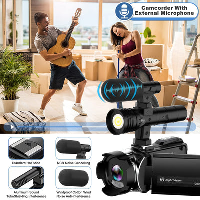 Hojocojo 4K Videokamera Camcorder UHD 48MP IR Nachtversion Vlogging Kamera,60 FPS 24X Digital Zoom 3" LCD-Bildschirm YouTube Camera mit Mikrofon,2 Batterien