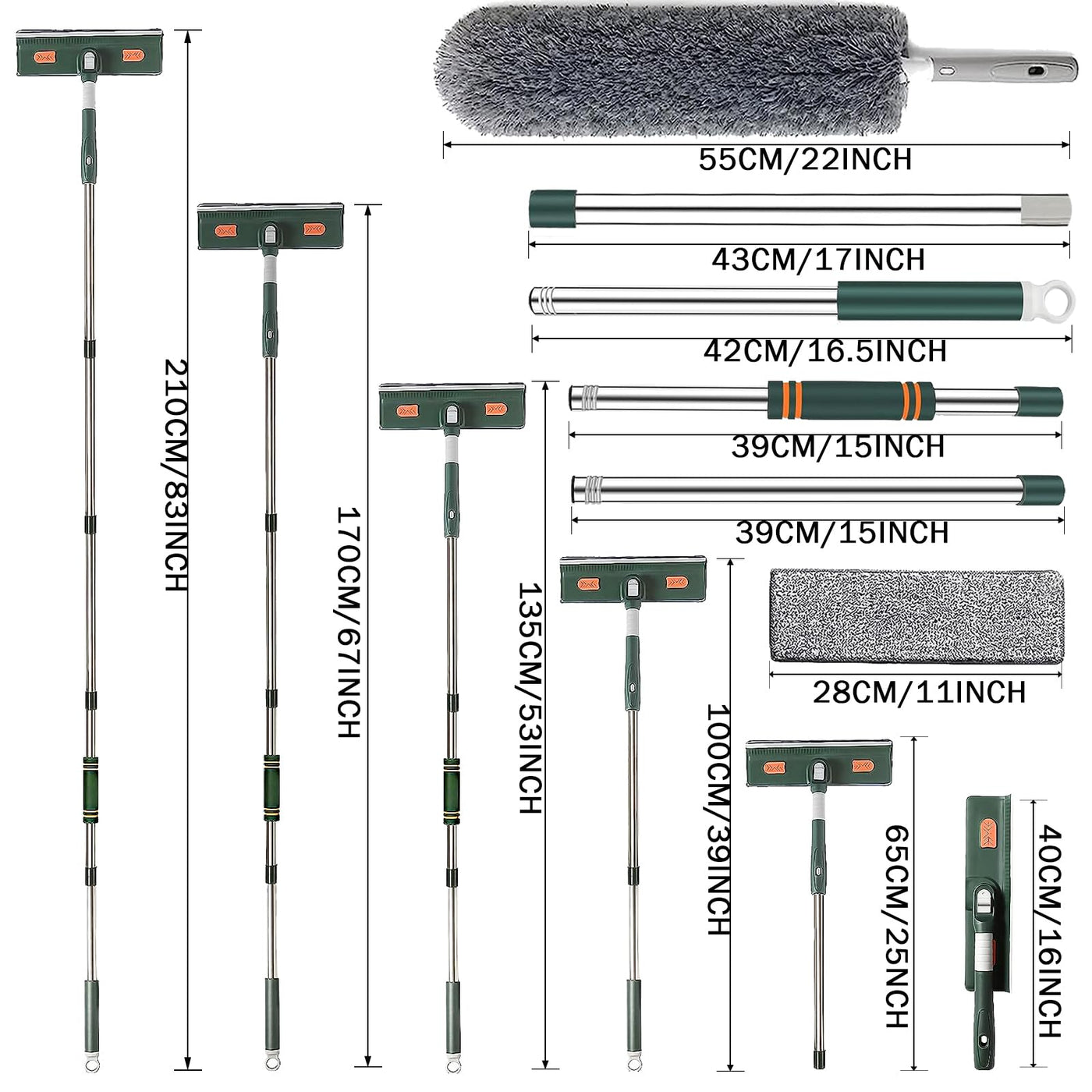Dubest Fensterwischer mit teleskopstiel,Profi Fensterputzer Set mit 3 Mikrofaserpads und Staubwedel,180 Rotationskopf Fensterabzieher Glasreinigungswerkzeuge für Hohe Fenster im Outdoor und Zuhause