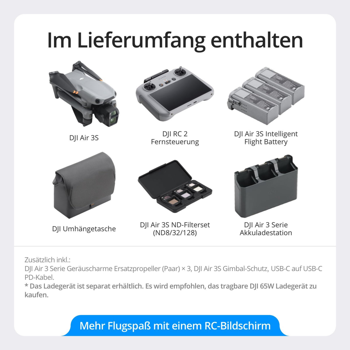 DJI Air 3S Fly More Combo (RC 2 Fernsteuerung mit Bildschirm), Drohne mit 1" CMOS Weitwinkel- & mittlerer Telekamera für Erwachsene, 4K/60fps, omnidirektionale Erkennung & 3 Akkus für längere Flugzeit