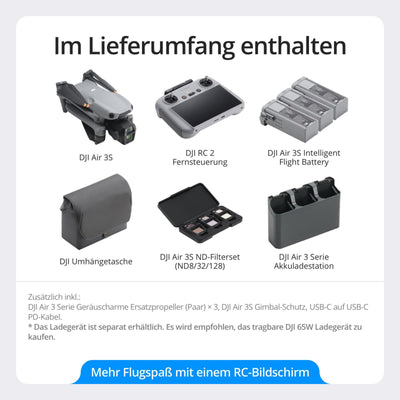 DJI Air 3S Fly More Combo (RC 2 Fernsteuerung mit Bildschirm), Drohne mit 1" CMOS Weitwinkel- & mittlerer Telekamera für Erwachsene, 4K/60fps, omnidirektionale Erkennung & 3 Akkus für längere Flugzeit