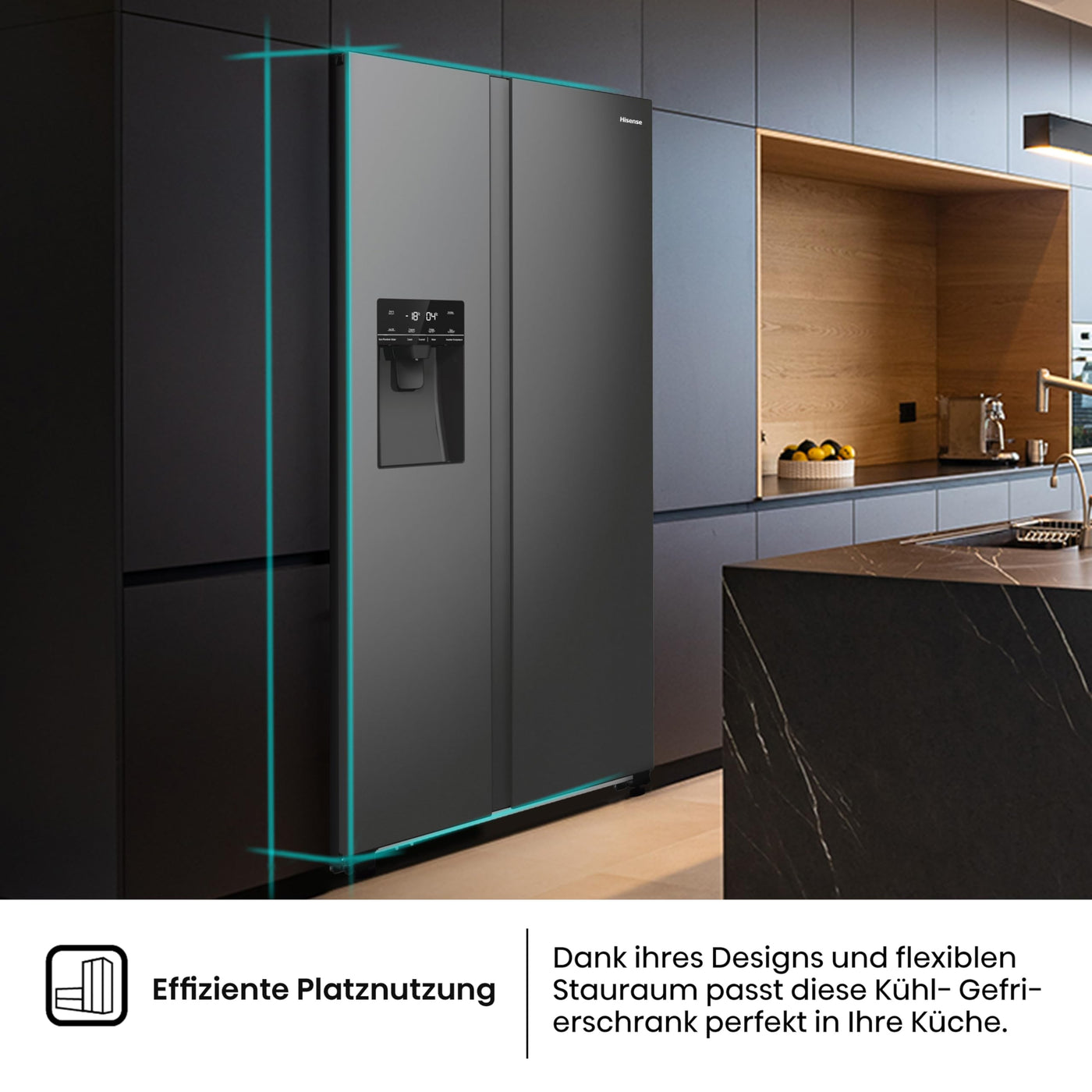Hisense RS5P535NTFE Side-By-Side Kühl-Gefrier-Kombination, 376 Liter Kühlteil, 190 Liter Gefrierteil, Total NoFrost, Multi AirFlow, FastFreeze, Energieeffizienzklasse E, 178,6cm x 91,5cm, schwarz
