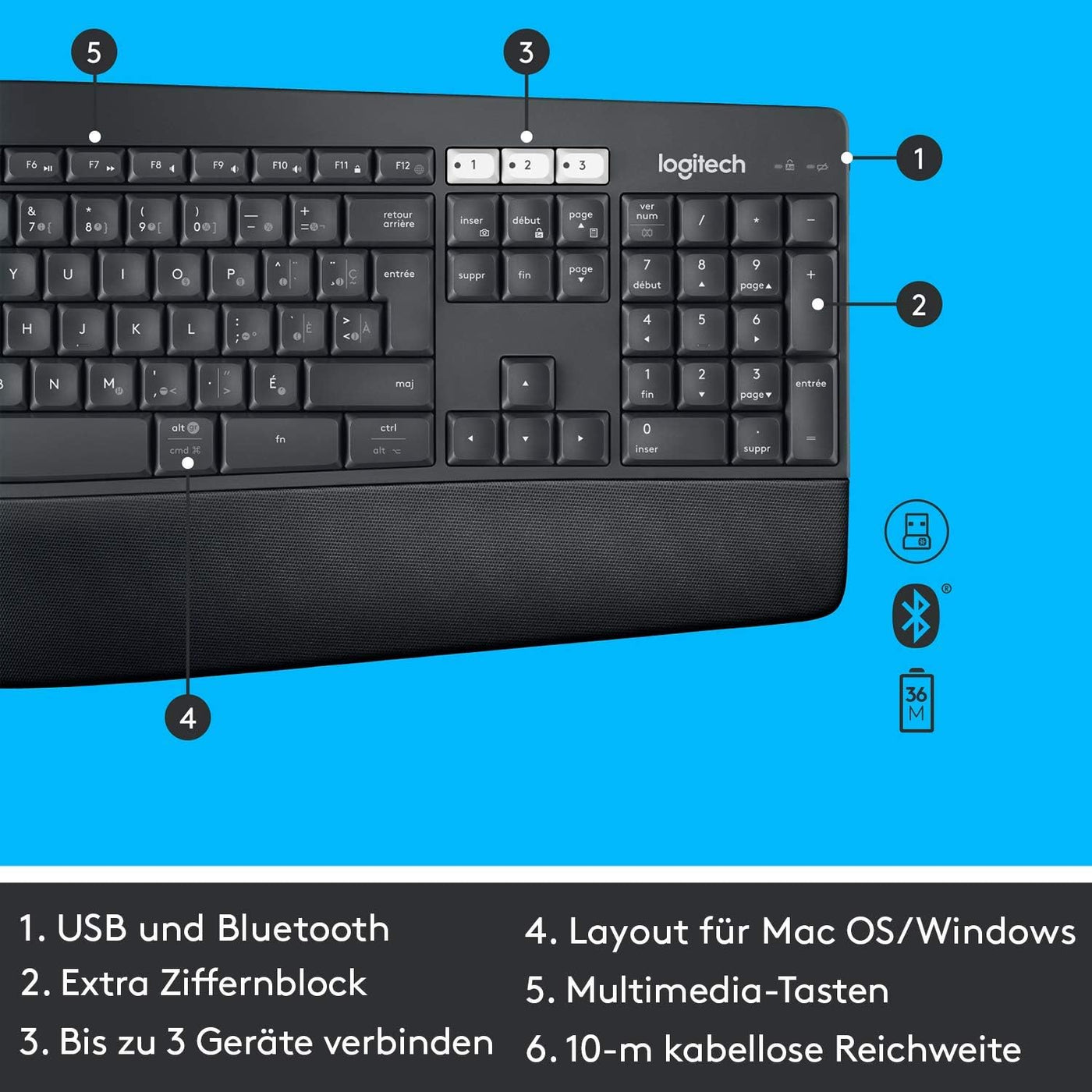 Logitech MK850 Performance Kabelloses Tastatur-Maus-Set, Bluetooth, 2.4 GHz Verbindung via USB-Empfänger, 24 bis 36-Monate Akkuleistung, Handballenauflage, Deutsches QWERTZ-Layout, Schwarz