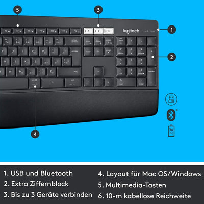 Logitech MK850 Performance Kabelloses Tastatur-Maus-Set, Bluetooth, 2.4 GHz Verbindung via USB-Empfänger, 24 bis 36-Monate Akkuleistung, Handballenauflage, Deutsches QWERTZ-Layout, Schwarz