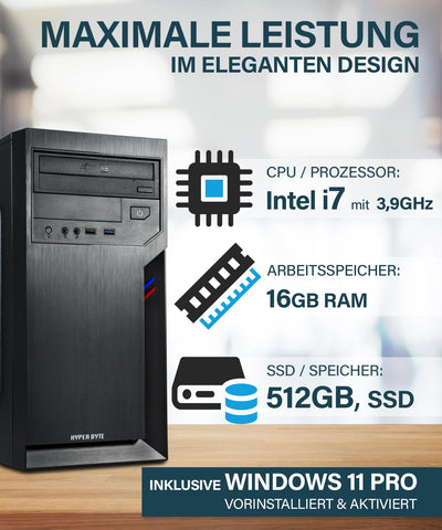 HYPER BYTE® Office PC – Computer mit Іntеl Quad Core i7 mit 3,9 GHz | 16 GB RAM | 512 GB SSD Festplatte | Win 11 Pro | WLAN | DVD+RW | USB 3.0 | High End Office Tower-Pc
