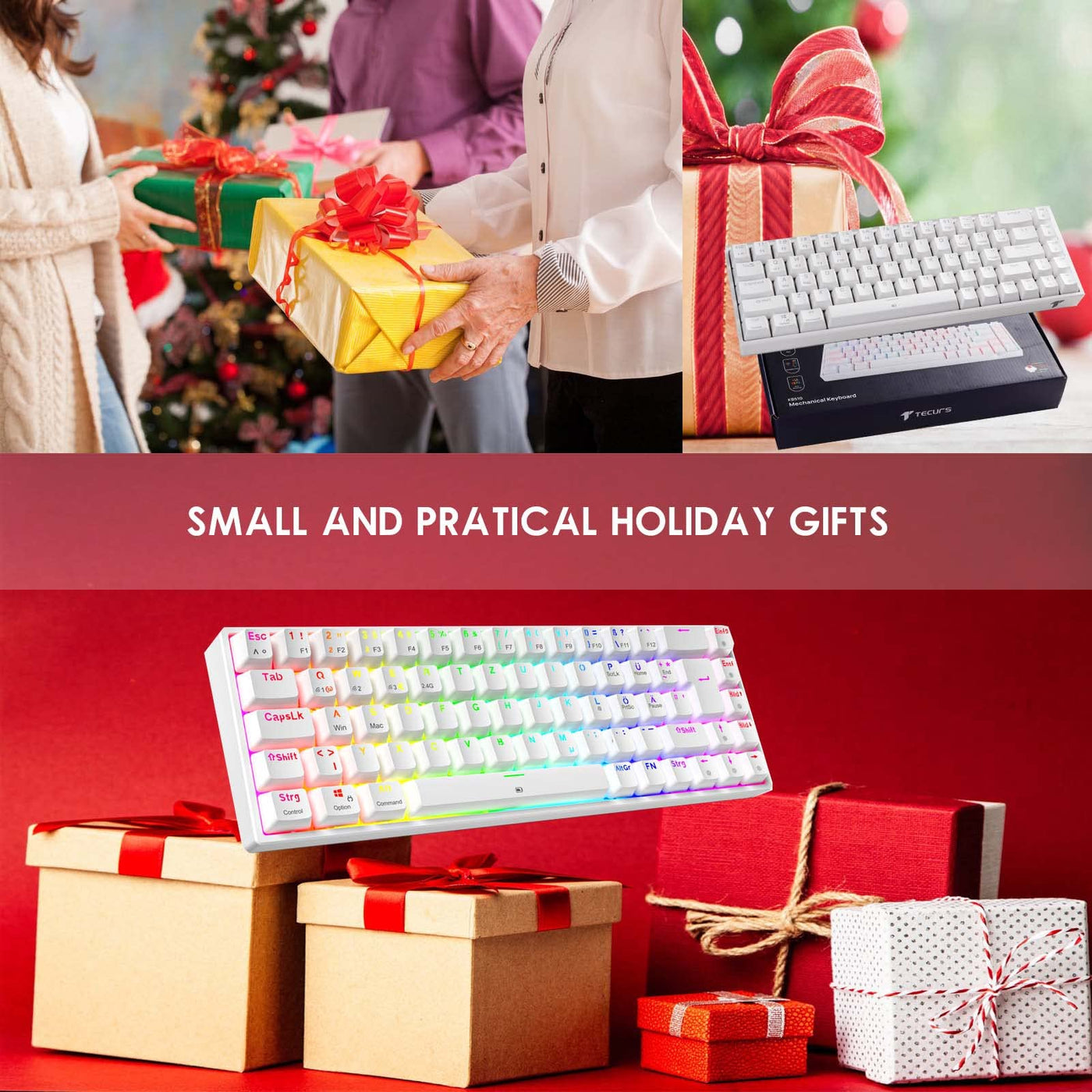 TECURS Gaming Tastatur - RGB Mechanische Tastatur Kabellos Bluetooth/2.4G/Mit Kabel, 65% QWERTZ Gamer Tastatur mit Rote Schalter für PC/Laptop/PS4/PS5, Weiß