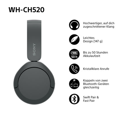 Sony WH-CH520 Kabelloser Bluetooth On Ear Kopfhörer, hohe Klangqualität, leichtes Design, bis zu 50 Stunden Akkulaufzeit, Schnellladung, EQ, klare Gesprächsqualität, iOS und Android, Blau