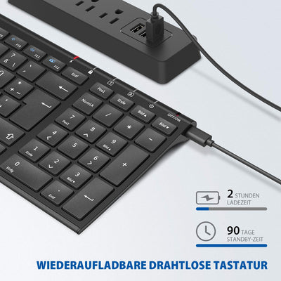 iClever Kabellose Tastatur, wiederaufladbare 2,4 GHz Funk Tastatur, Deutsches QWERTZ Layout, für Computer/Desktop/PC/Laptop/Chrome OS und Windows 10/8/7, Schwarz