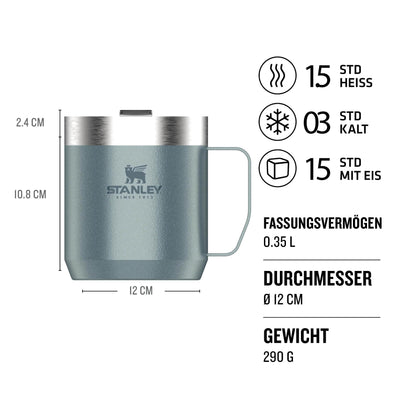Stanley Classic Legendary Camp Mug Thermobecher 354ml - Hält 1.5 Stunden Heiß - 3 Stunden Kalt - BPA-Frei - Spülmaschinenfest - Edelstahl Kaffeebecher To Go - Hammertone Ice