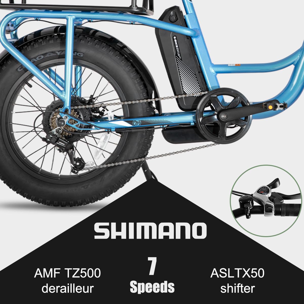 HILAND 20 Zoll Fat Tire Cargo E-Bike für Erwachsene, Leichter Aluminiumrahmen Elektrofahrrad, Shimano 7 Gänge mit Federgabel Ebike Blau