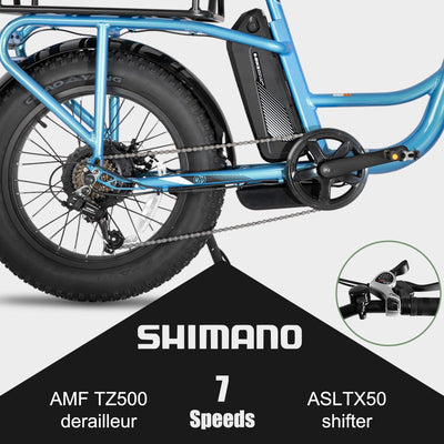 HILAND 20 Zoll Fat Tire Cargo E-Bike für Erwachsene, Leichter Aluminiumrahmen Elektrofahrrad, Shimano 7 Gänge mit Federgabel Ebike Blau