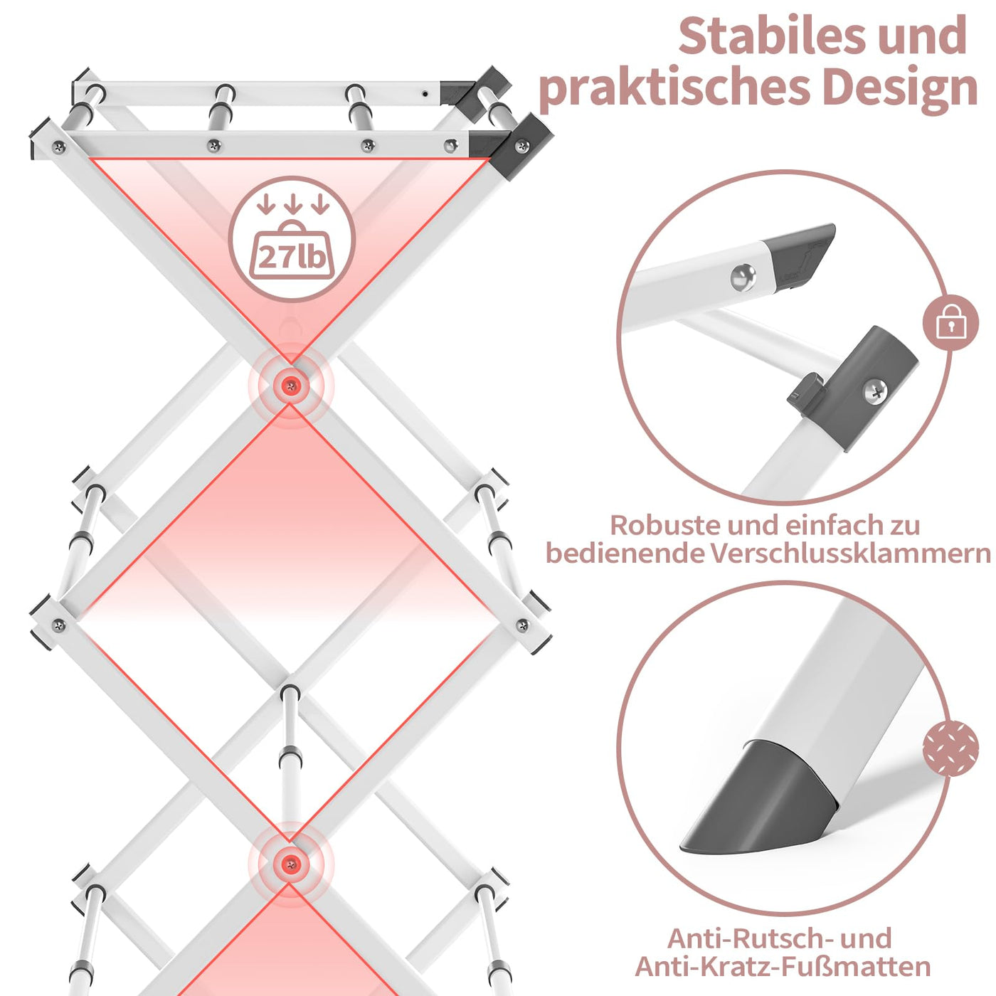 SYKIARIOL Wäscheständer Klappbar Platzsparend, Standtrockner mit 3 Ebenen und 11 Stangen, Kleiner Turmwäscheständer, Faltbarer und ausziehbarer Wäscheturm für Wäscheküche, Weiß