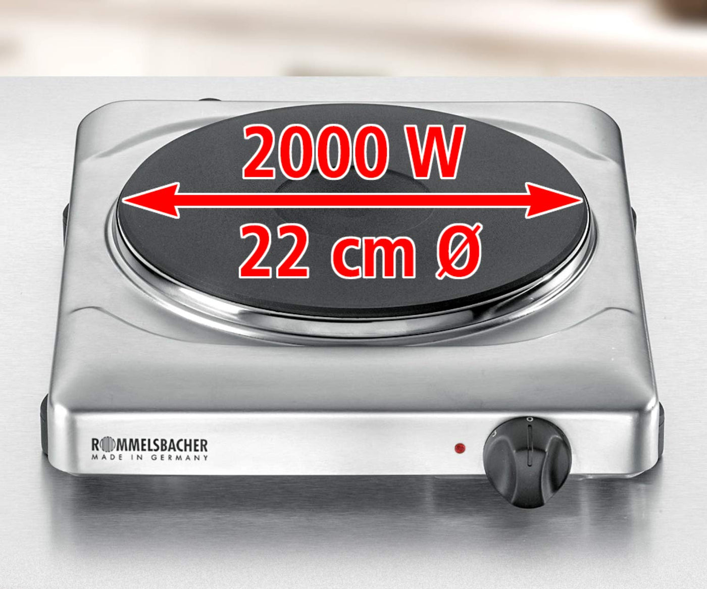 ROMMELSBACHER Einzelkochplatte THS 2022/E - Made in Germany, XXL-Gussheizplatte 220 mm Ø, 7-Takt-Schalter, leistungsgesteuerte Regelung, Überhitzungsschutz, 2000 Watt, Edelstahl