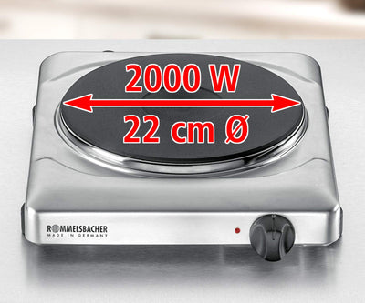 ROMMELSBACHER Einzelkochplatte THS 2022/E - Made in Germany, XXL-Gussheizplatte 220 mm Ø, 7-Takt-Schalter, leistungsgesteuerte Regelung, Überhitzungsschutz, 2000 Watt, Edelstahl