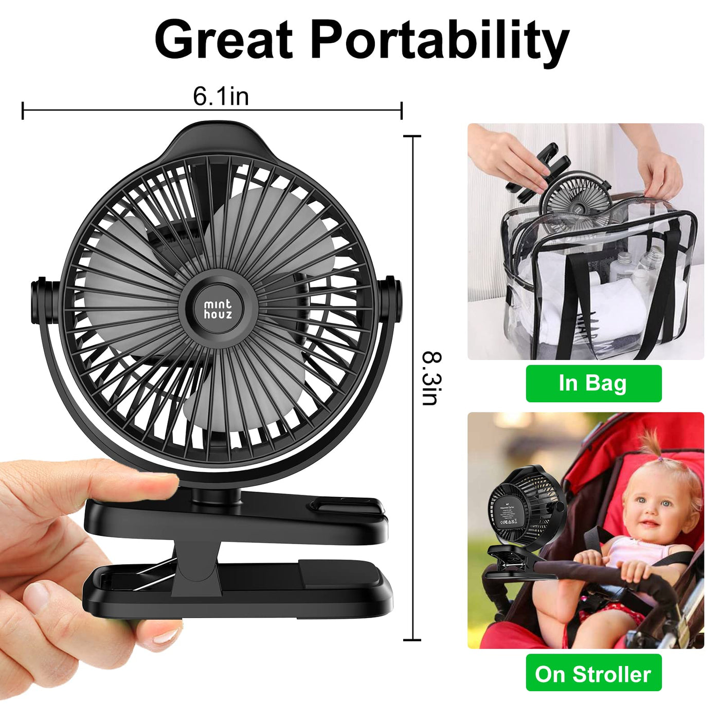 Minthouz Tischventilator mit Clip, 8000mAh USB Ventilator, 5 Geschwindigkeiten Tragbarer Mini Ventilator, Geräuscharmer Deckenventilator Ideal für Outdoor Camping/Kinderwagen/Haus/Büro
