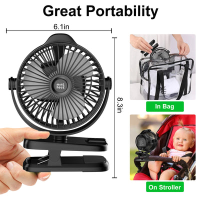 Minthouz Tischventilator mit Clip, 8000mAh USB Ventilator, 5 Geschwindigkeiten Tragbarer Mini Ventilator, Geräuscharmer Deckenventilator Ideal für Outdoor Camping/Kinderwagen/Haus/Büro