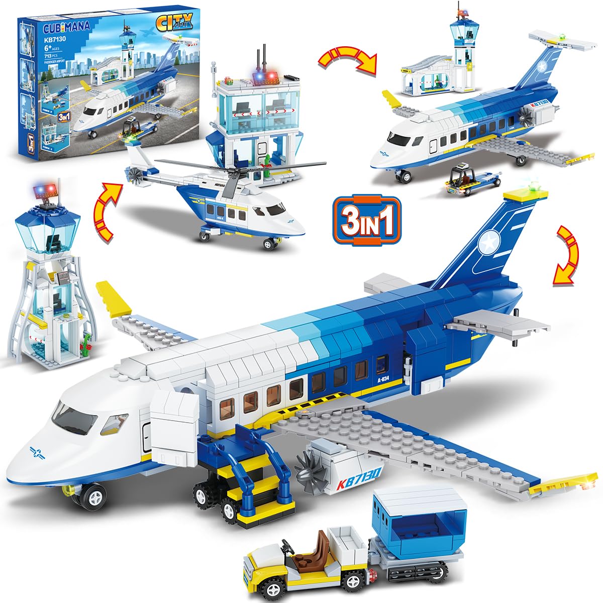 CUBIMANA City Passagierflugzeug Baukasten Set, 3 IN 1 Flugzeug Baukasten mit Terminal, Radarturm, Gepäckwagen Flugzeuge Modell Bausteine Spielzeug Geschenk für Jungen Mädchen Kinder 6 7 8 9+ Jahre alt