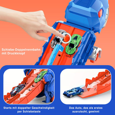 Esteopt Transport Truck Spielzeug Autos für Jungen Alter 3 4 5 6 7, tragbare Dinosaurier Rennstrecke Truck mit 12 Dinosaurier Set Geschenkbox (Blau)