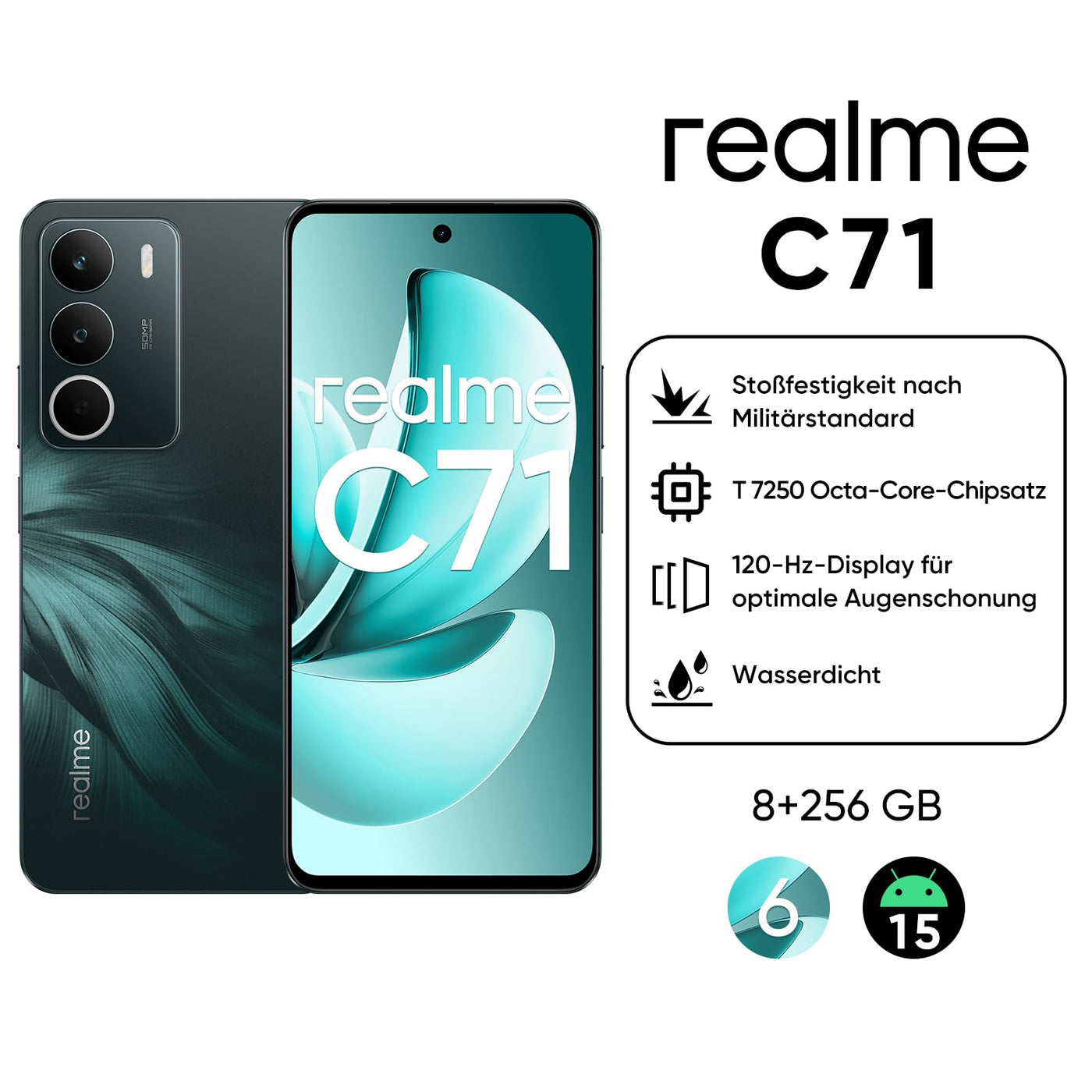 realme C71 Smartphone 8 + 256 GB, 5G Handy, 50 MP Kamera, 6,67 Zoll bis 120 Hz Display, 6000 mAh großer Akku, Stoßfestigkeit in Militärqualität, NFC, Waldeule, ohne Adapter