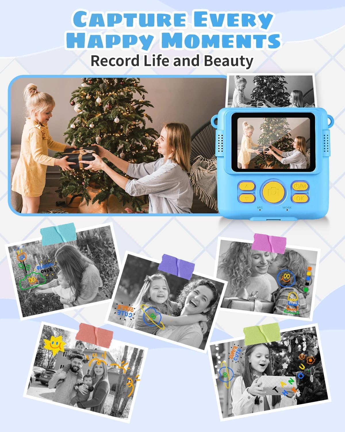 Kinderkamera Spielzeug, 2.4 Zoll Bildschirm DIY Sofortbildkamera Kinder, 1080P HD-Video Digitalkamera für Kinder, mit 32GB SD Karte & Druckpapier, Geschenk für Mädchen & Jungen ab 3-14 Jahren (Blau)