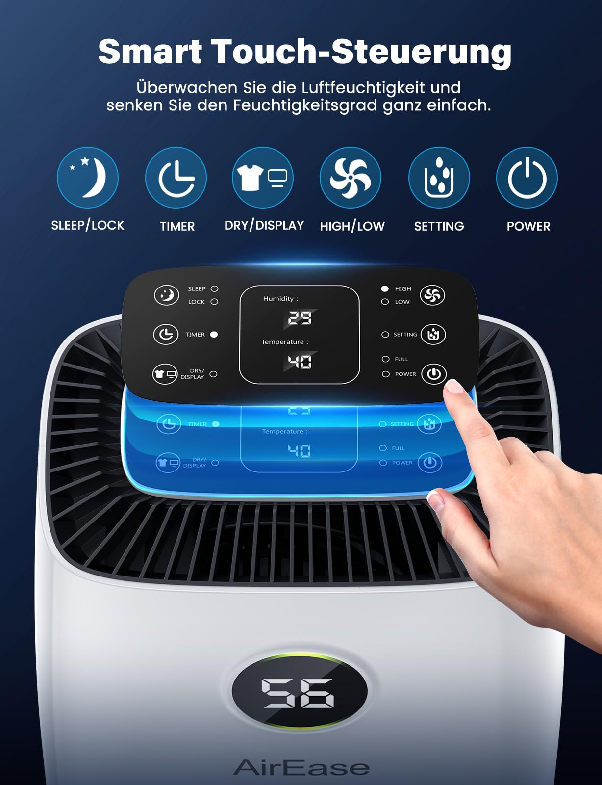 Luftentfeuchter Elektrisch mit 12L/Tag Raumentfeuchter,Entfeuchter Wohnung mit LED Display und Steuerung,Ablaufschlauch,Timer,Gegen Feuchtigkeit,Schimmel,Dehumidifier Raumgröße ca.108m³ für Keller