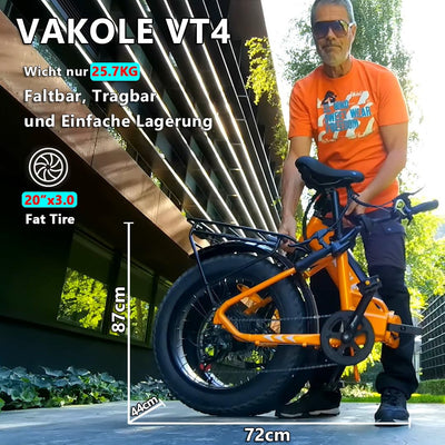 VAKOLE VT4 E-Bike Klapprad 20 Zoll Tiefeinsteiger Elektrofahrräder mit 36V 13Ah Akku, 75Km Reichweite - 3.0 Zoll Reifen E-Fahrrad, 7-Gang Fatbike Ebike für Herren Damen