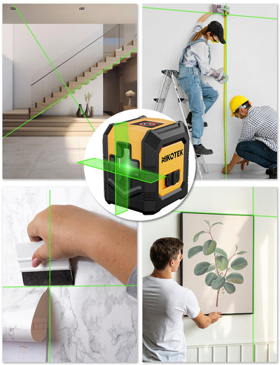 Kreuzlinienlaser, NIKOTEK Laser Wasserwaage (Vertikale/Horizontale Laser, Arbeitsbereich: 15 m, IP54, 2 x AA Batteriem, Schutztasche), Für Baustellen/Inneneinrichtung/DIY (Grün GT)