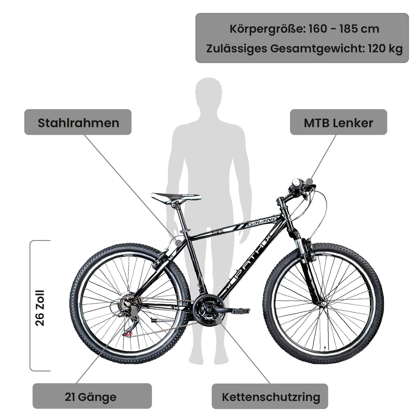 Galano Mountainbike Hardtail 26 Zoll Path MTB Fahrrad 21 Gang Mountain Bike 26" (schwarz/weiß, 46 cm)