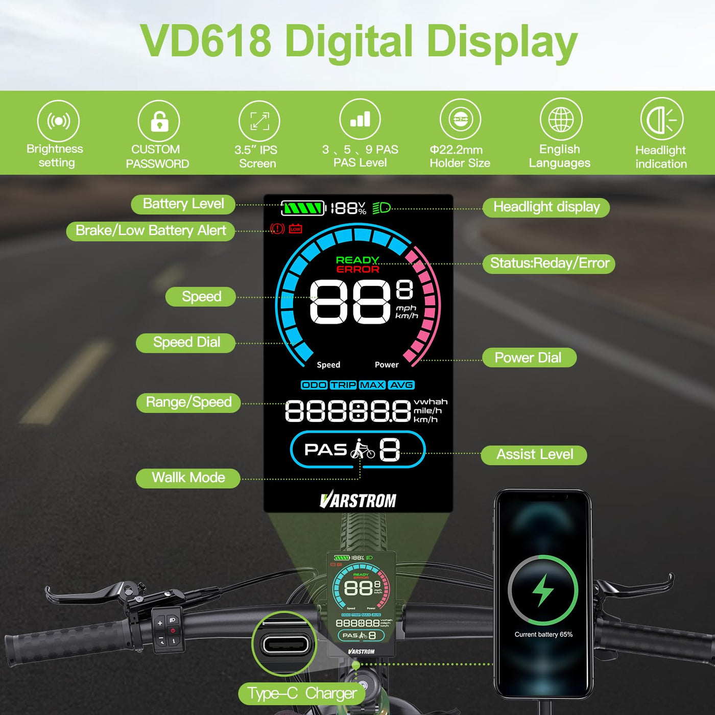Varstrom VD618 Display für BAFANG-Kit – Kompatibel mit M200 M400 M500 M600 M620 M420 M510 M625 M325 M225 Mittelmotoren und den neuesten 2025 BBS01B BBS02B HD Kits (Dreieck-Stecker)