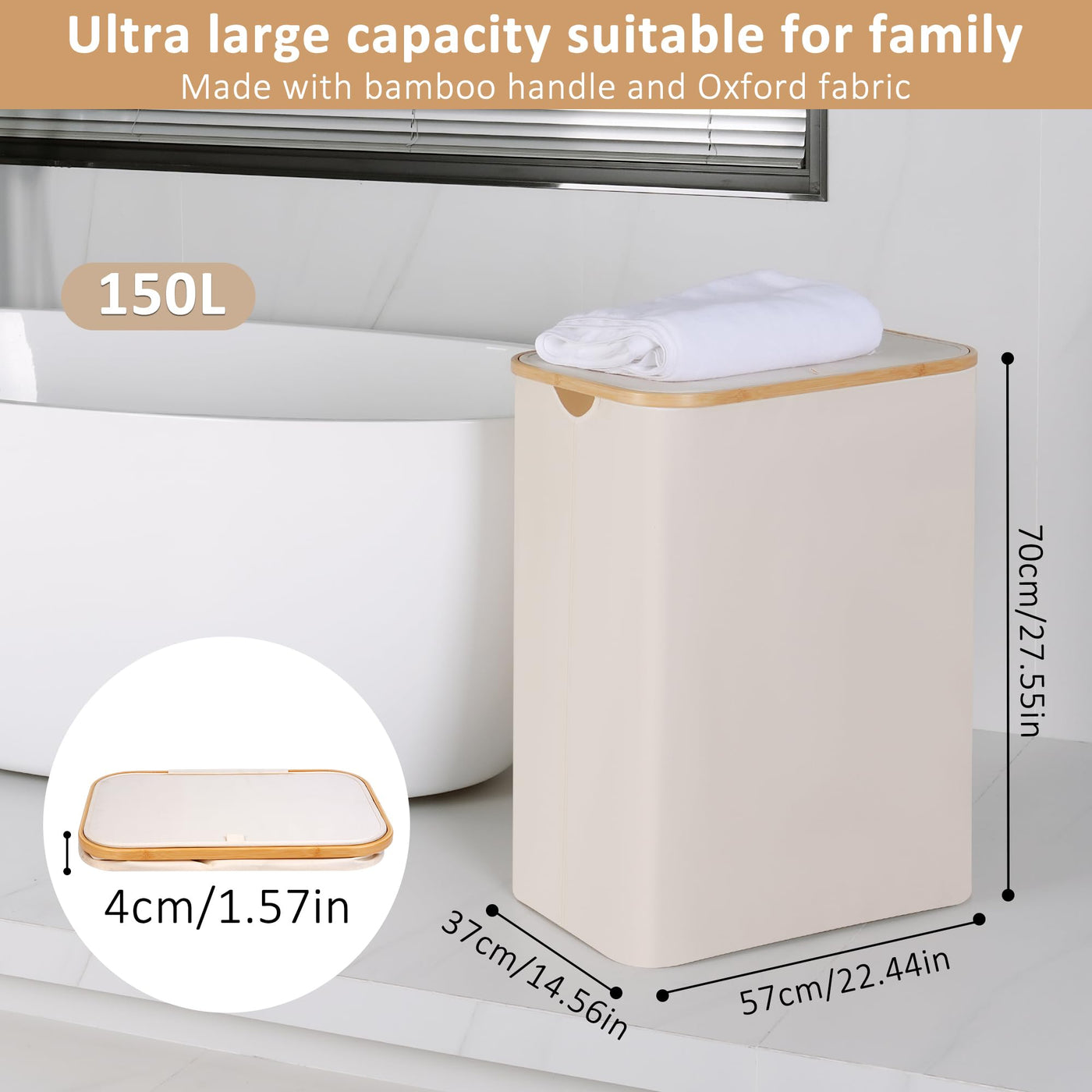 iEGrow Wäschekorb150L XL-Extra Groß 2 Fächer Wäschesammler mit Bambusgriff und Deckel, Laundry Baskets, Wäschekörbe für Waschküche, Schlafzimmer, Badezimmer (Beige)