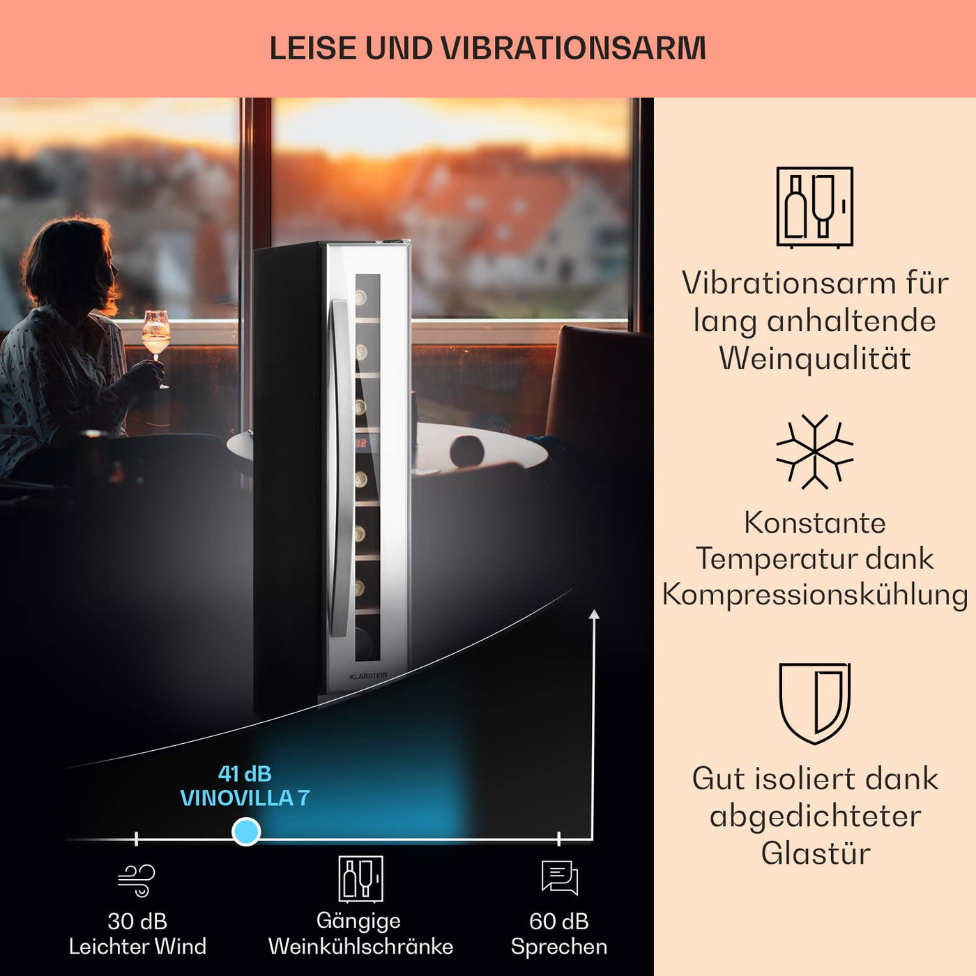 Klarstein Weinkühlschrank, 1 Zonen Getränkekühlschrank, Kleiner Einbau-Weinschrank Schmal, 20L Wein-Kühlschrank mit Glastür, Indoor/Outdoor Flaschenkühlschrank, Wine Fridge 5-22°C, 7 Flaschen