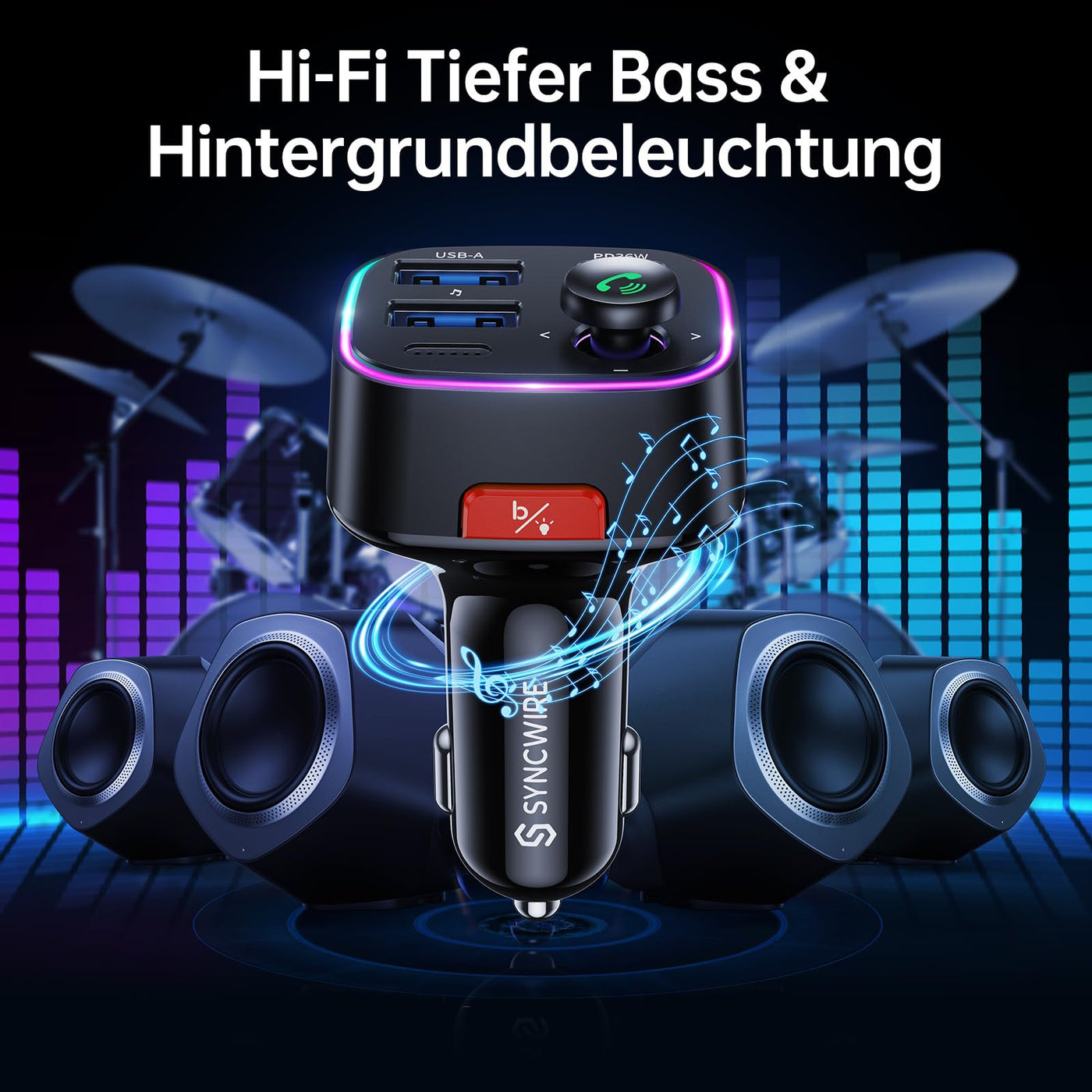 Syncwire FM Transmitter Auto Bluetooth 5.4 48W (PD 36W & 12W) Bluetooth Adapter Auto mit [Lichtschalter] [HiFi-Bass-Sound] [Schnellladen] Freisprecheinrichtung Autoladegerät Zigarettenanzünder