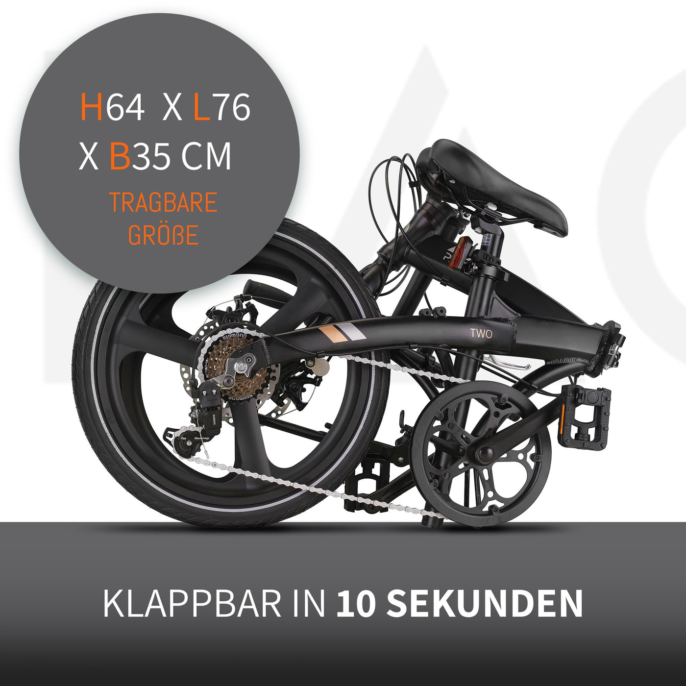 PACTO Two Klapprad 20 Zoll mit Schnelles Faltsystem (10 Sek), Aluminiumrahmen, Leichtgewicht (13KG), Shimano 6 Gänge, Doppelscheibenbremse und LED-Licht (Schwarz)