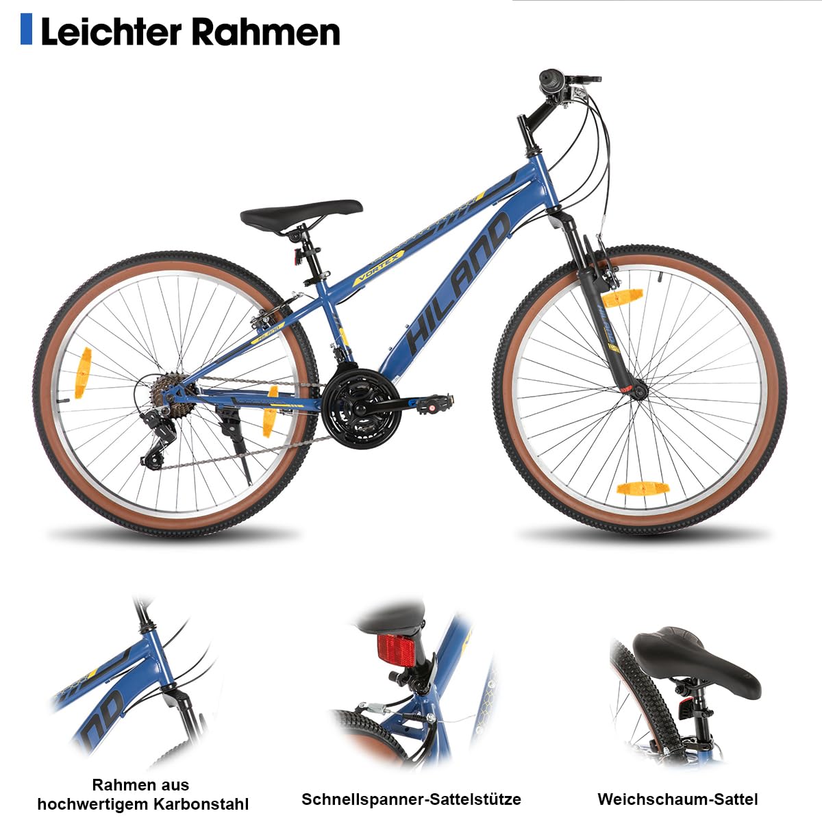 HILAND 26 Zoll Mountainbike für Herren und Damen, 21 Gänge Mountainbike, hochfester Stahlrahmen, V-Bremse, Hardtail MTB für Erwachsene, Blau