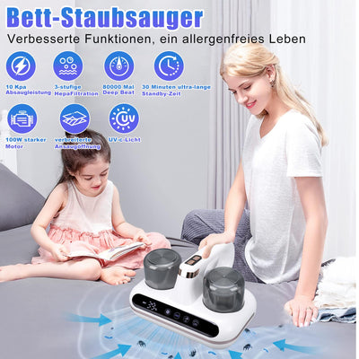 kswiown Milbensauger für Matratzen, 10KPA Milbenstaubsauger mit UV-Licht, Starke Saugkraft Milbensauger mit 3pcs HEPA Filter, Handstaubsauger zur Entfernung von Staubmilben Bakterien Allergenen
