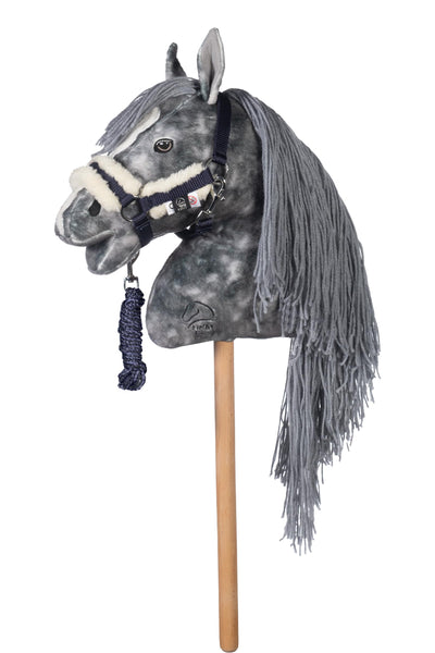 HKM Kids Hobby Horse, Apfelschimmel, Grau, mit Halfter und Führstrick in Blau, Steckenpferd für Kinder, Pferde Spielzeug