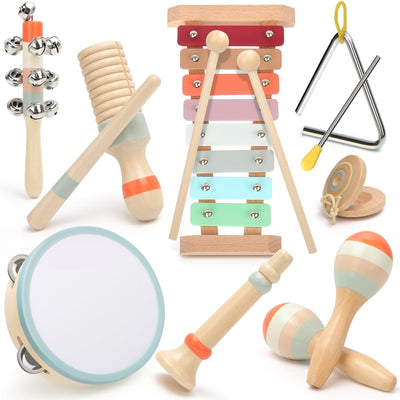 Musikinstrumente für Kinder, Kinderspielzeug ab 3 Jahre, Montessori Spielzeug, Holzspielzeug Baby Schlagzeug Kinder Trommel, Percussion-Instrumente Set, Geschenkideen für Jungen Mädchen 3+(9 in 1)