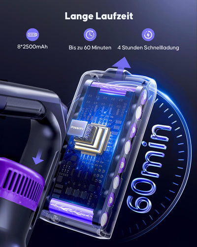 Powerffy Akku Staubsauger 550W/45KPa/60Min, Staubsauger Kabellos mit HD-Display, Aromatherapie, 1,8L-Staubbehälter, Akkustaubsauger grünem LED-Licht Bürste für Teppiche, Hartböden und Tierhaare