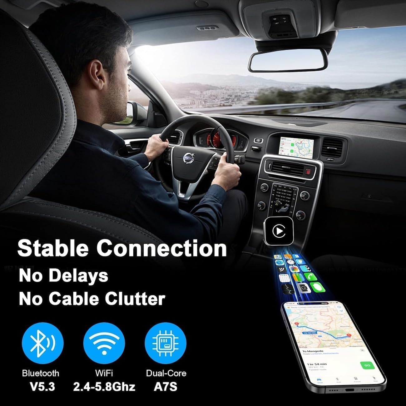 2025 Upgraded 2-in-1 Wireless CarPlay Adapter: unterstützt CarPlay+Android Auto, Bluetooth 5.0 drahtlose Verbindung, Plug &Play,kompatibel mit iOS 12+/Android11+ & Autos ab 2016 (Schwarz)