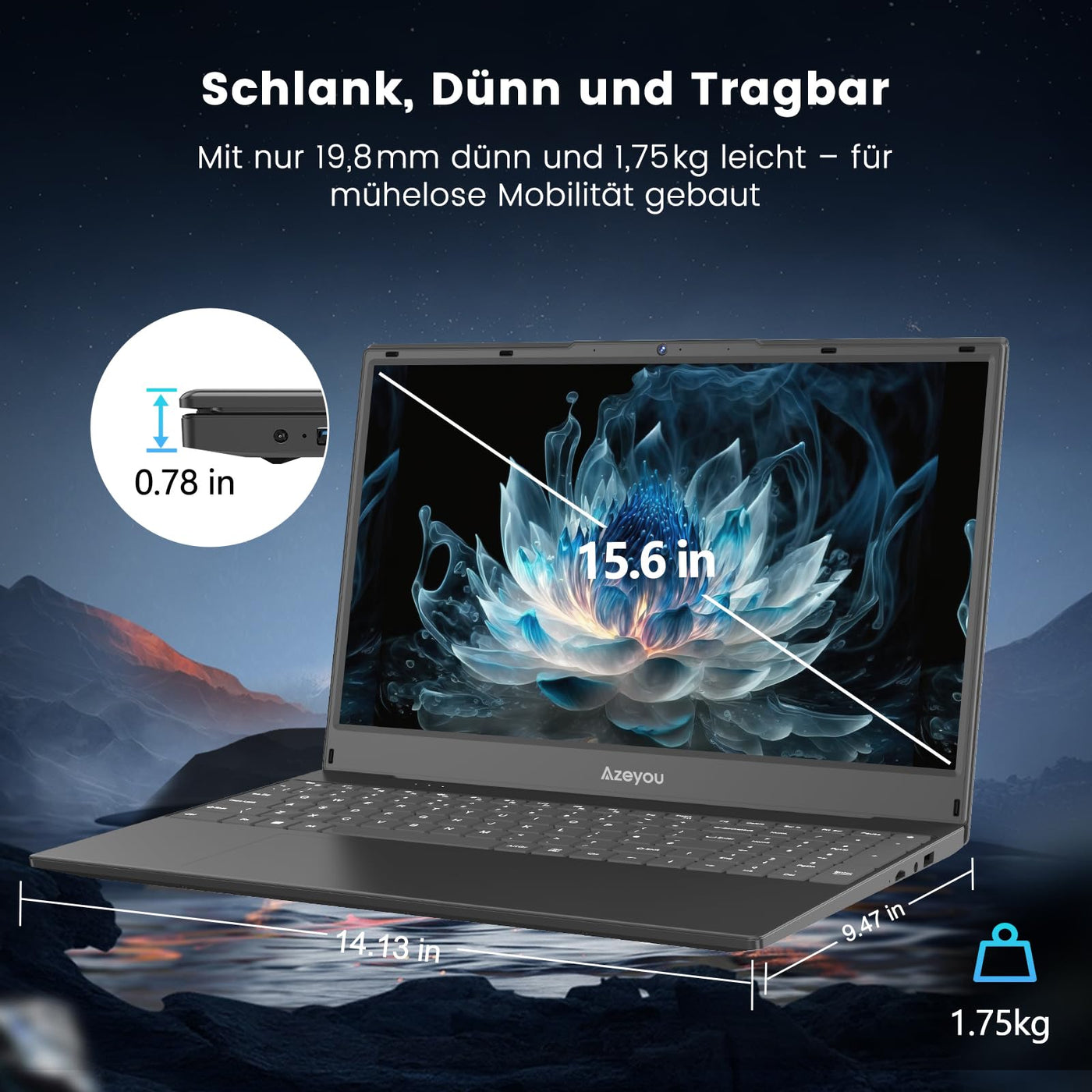 Azeyou 15,6" FHD IPS Laptop für Beruf und Studium, AMD Ryzen 3 3200U Prozessor, 16 GB RAM, 512 GB SSD, 5G WiFi, Bluetooth 5.0, Win 11 Pro, HDMI, USB-C, SD-Kartenleser, Ziffernblock, Webcam, QWERTZ