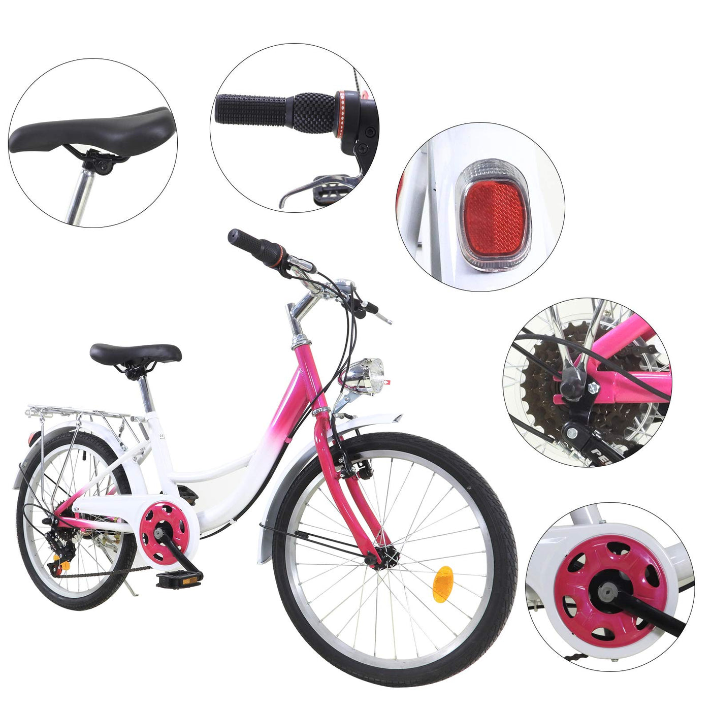 Fetcoi Kinderfahrrad,20 Zoll 6 Gang Kinder Fahrrad Jungen MäDchen Fahrrad Bike Bicycle Mit Lampe(Rosa + Weiß)