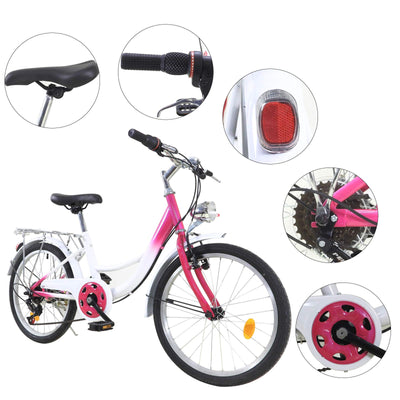 Fetcoi Kinderfahrrad,20 Zoll 6 Gang Kinder Fahrrad Jungen MäDchen Fahrrad Bike Bicycle Mit Lampe(Rosa + Weiß)