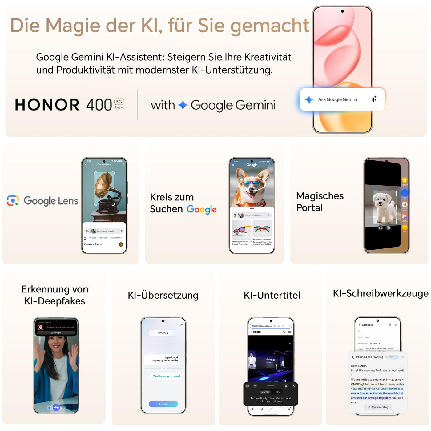 HONOR 400 Smartphone 5G, Dual SIM, NFC,512GB/8GB RAM, Simlockfrei Android-Handy (200MP AI-Kamer, 6,55 Zoll AMOLED Eye Comfort Display 5000nits,5300 mAh,Snapdragon 7 Gen 3 Smartphone), Desert Gold