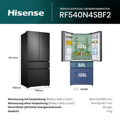 Hisense RF540N4SBF2 French Door Kühl-Gefrierkombination/ NoFrostPlus/ Inverter-Kompressor/ Multiflow 360°/ SuperCool/ 181,7 cm/ Kühlteil 302 l/ Gefrierteil 178 l/ 40 dB/ 310 kWh/ Jahr/ Schwarz