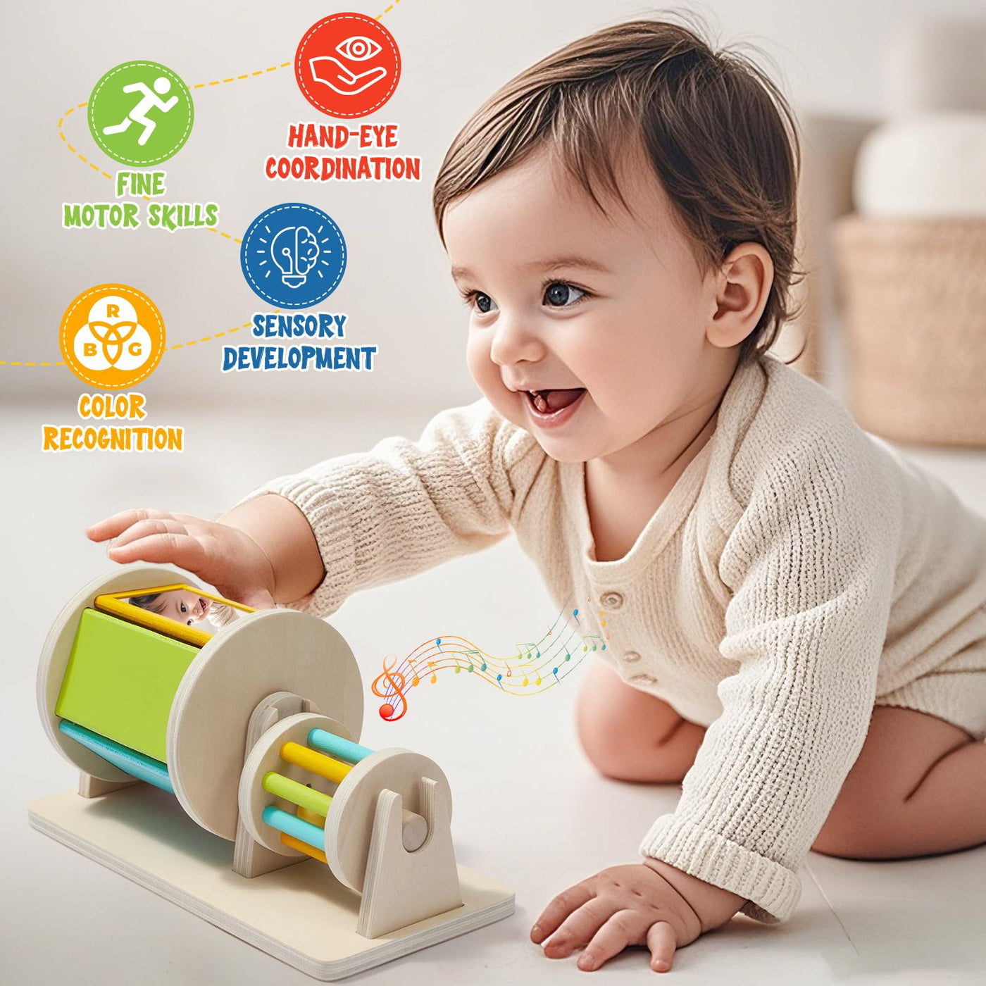 Atoylink Montessori Baby Spielzeug ab 0 3 6 9 Monate, Sensorik Spielzeug mit Spinning Drum & Regenmacher Baby & Steckpuzzle, Holzspielzeug Motorikspielzeug Babyspielzeug Geschenk 1 Jahr