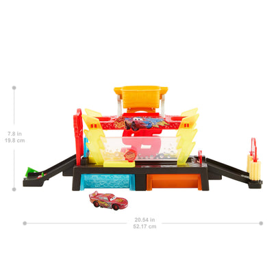 Mattel Disney Pixar Cars Autowaschanlagen-Spielset für Rennwagen mit Lightning McQueen-Spielzeugauto mit Farbwechseleffekt, ca. 50 cm lang, mit anderen Sets kombinierbar, JBM70
