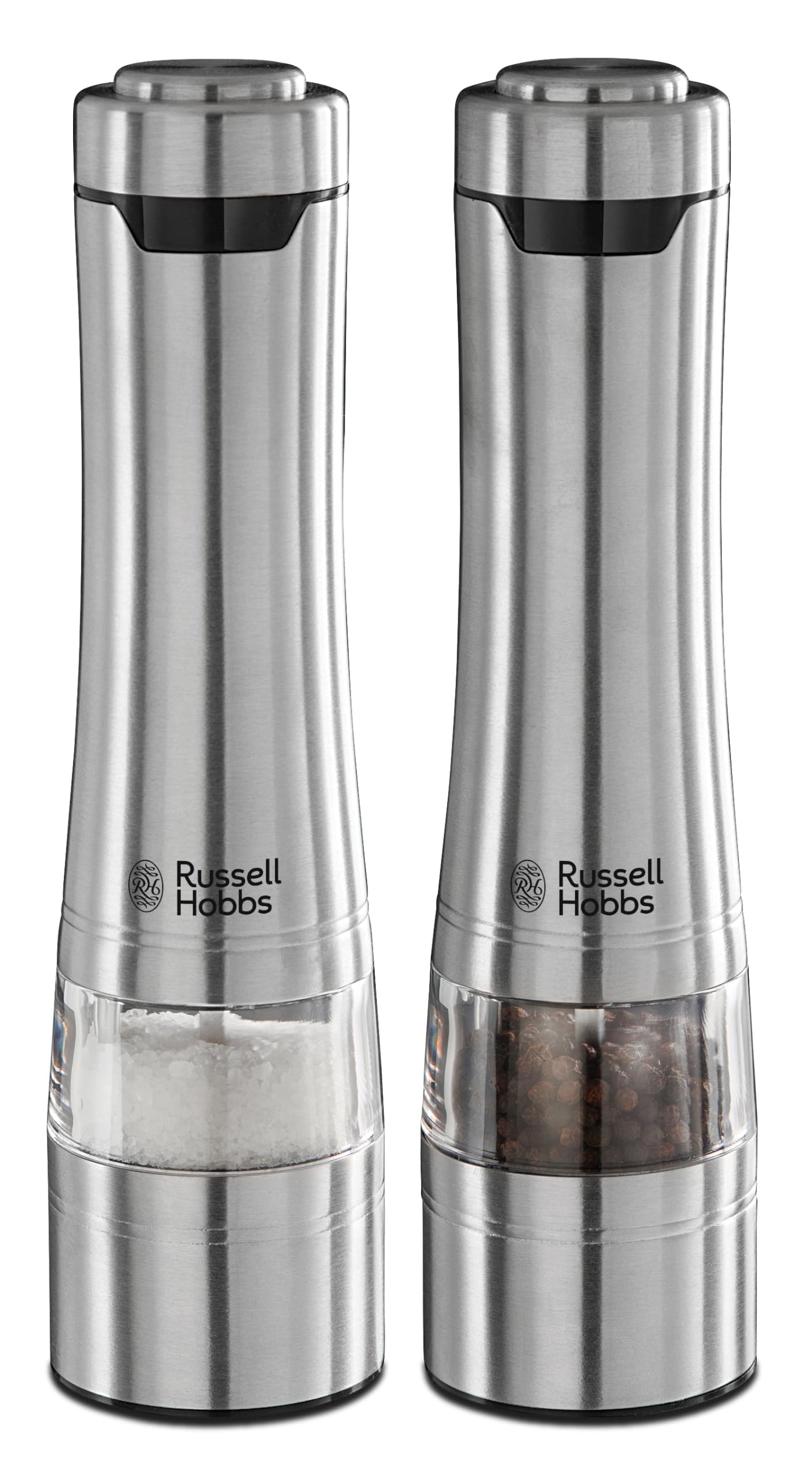 Russell Hobbs Salz und Pfeffer Mühle elektrisch [2er Set] Edelstahl (Keramikmahlwerk für getrocknete Gewürze & Kräuter, Mahlgrad einstellbar fein bis grob, LED Beleuchtung) Gewürzmühlen 23460-56