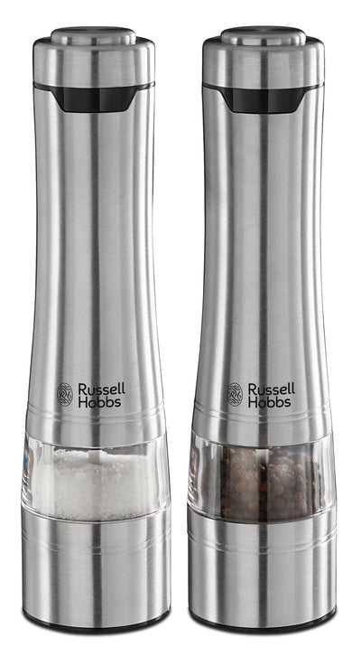 Russell Hobbs Salz und Pfeffer Mühle elektrisch [2er Set] Edelstahl (Keramikmahlwerk für getrocknete Gewürze & Kräuter, Mahlgrad einstellbar fein bis grob, LED Beleuchtung) Gewürzmühlen 23460-56