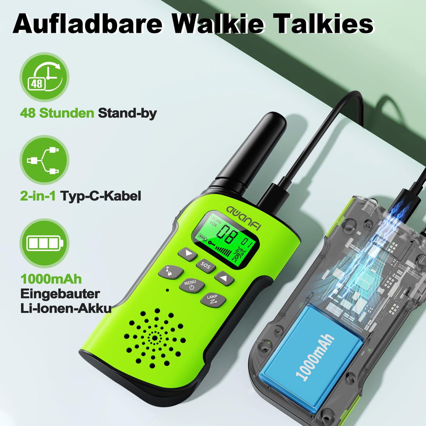 AWANFI Walkie Talkie Kinder, Walkie Talkie Aufladbar Li-ion Akku, Funkgerät Set, Walki Talki VOX, LCD Taschenlampe, Tastensperre, Walky Talky für Geschenk Camping Abenteuer, 3-12 Jahre