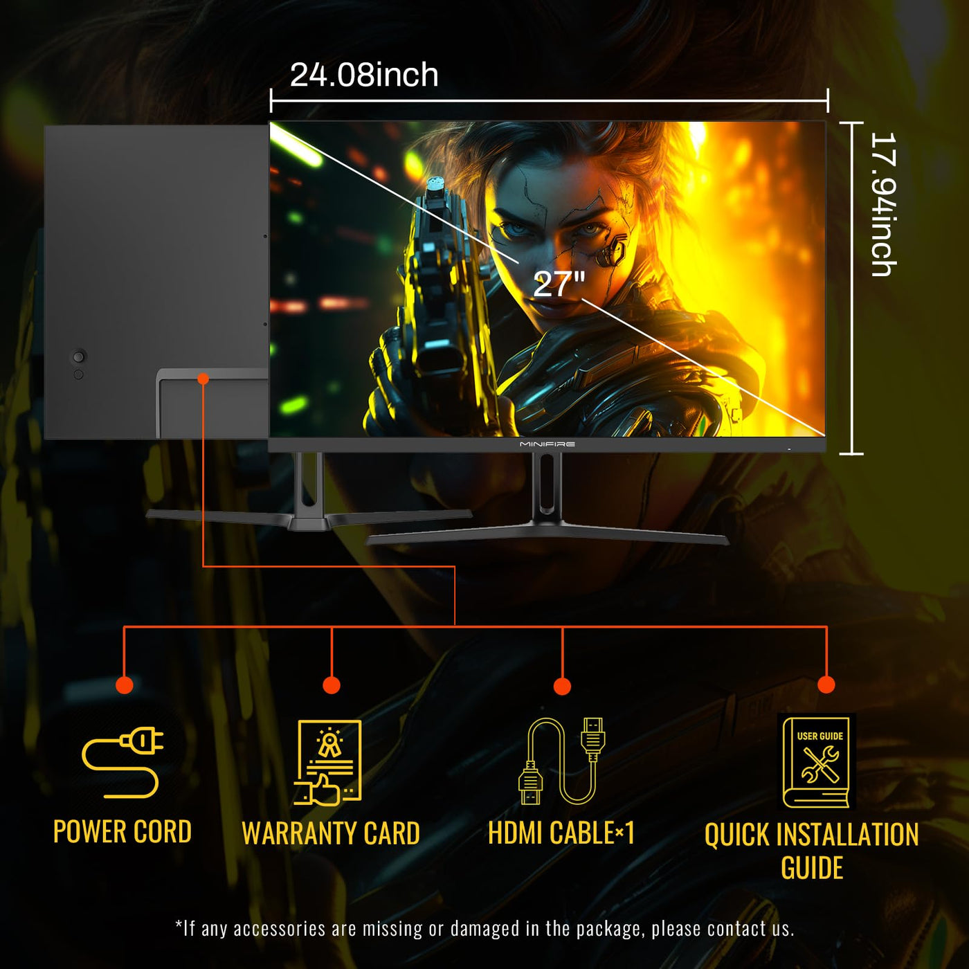 Minifire Gaming Monitor 27 Zoll, 165 Hz, 1ms, AdaptiveSync, IPS, 2xHDMI 2.0/1xDP 1.4 Ports, FHD, sRGB 110%, Monitor PC Bildschirm(MFG27F2 HDMI-Kabel im Lieferumfang enthalten)